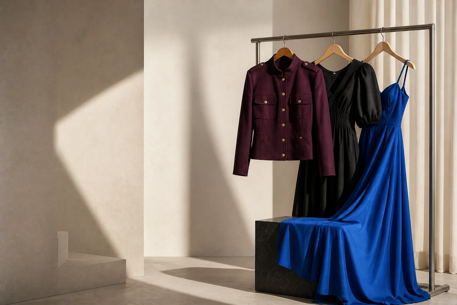 Jaqueta bordô e vestidos preto e azul em arara de aço, em estúdio minimalista